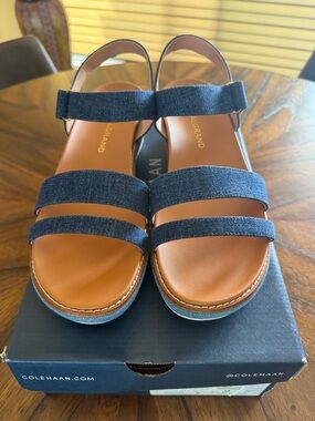 Cole Haan Denim Blue Leather-Trim Strappy Sandals